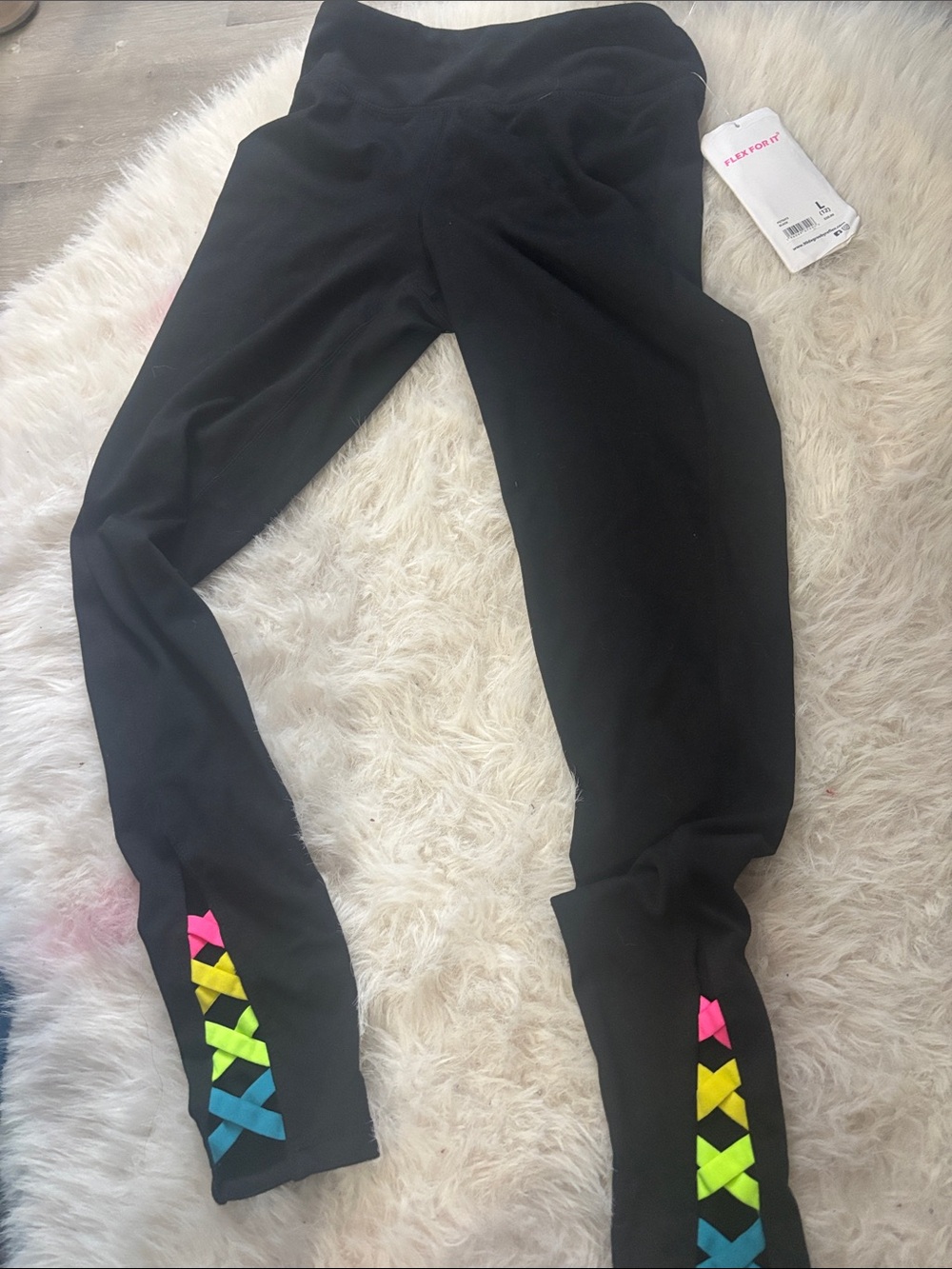 90 Degree By Reflex Black Kids Leggings with Neon Pink Yellow Green Blue Ribbon